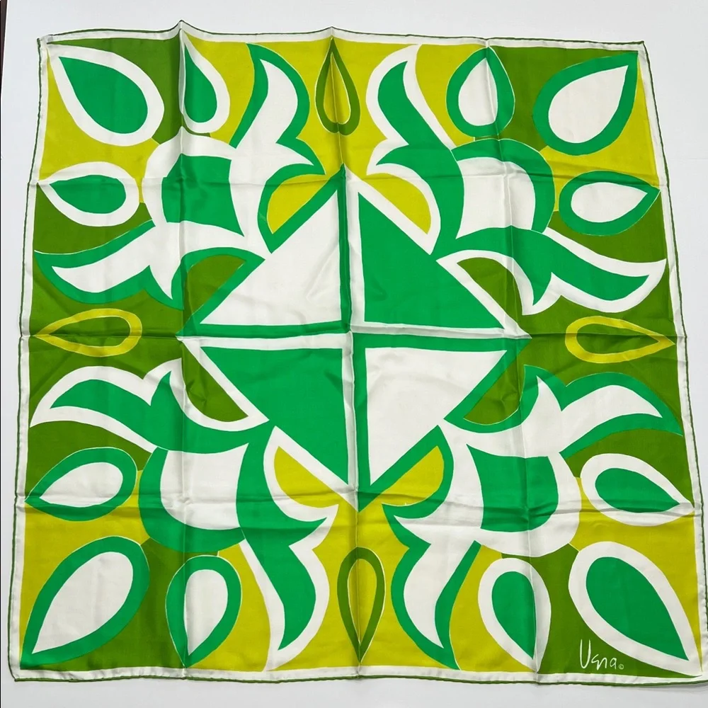 Vintage Vera Neumann geometric design neon greens and white 60’s scarf Japan
